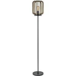 Mat zwarte vloerlamp met ruwe houten kap