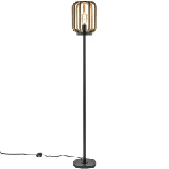 Mat zwarte vloerlamp met ruwe houten kap