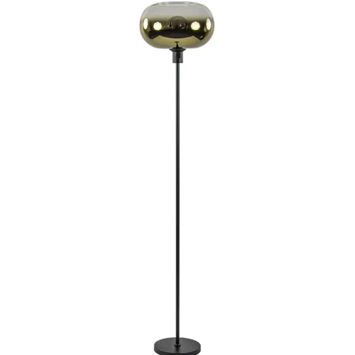 Mat zwarte vloerlamp met glazen kap helder/goud