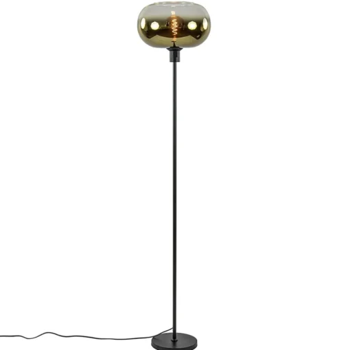 Mat zwarte vloerlamp met glazen kap helder/goud
