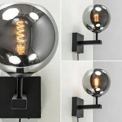 Mat zwarte wandlamp met smoke glazen bol 20 cm