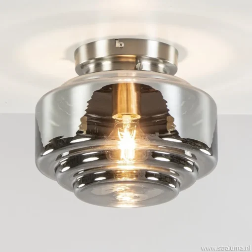 Moderne plafondlamp nikkel met smokey glas