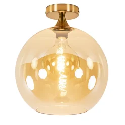Plafondlamp goud met amber glazen bol 30 cm
