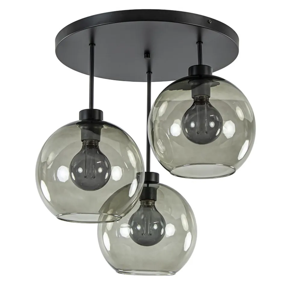 Plafondlamp 3-lichts zwart + smoke glas 25cm