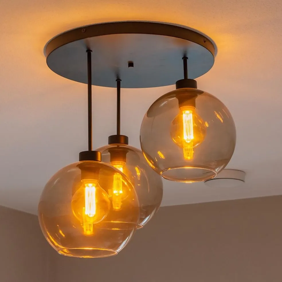 Plafondlamp 3-lichts zwart + smoke glas 25cm