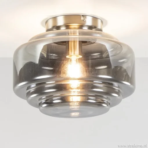 Plafondlamp nikkel + smoke glas