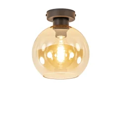 Plafondlamp zwart met amber glas 20 cm