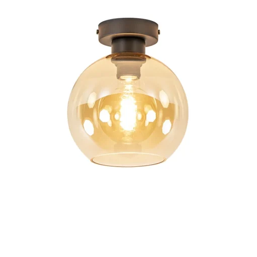 Plafondlamp zwart met amber glas 20 cm