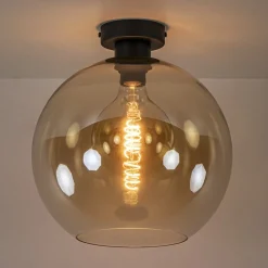 Retro plafondlamp zwart met amber glazen bol
