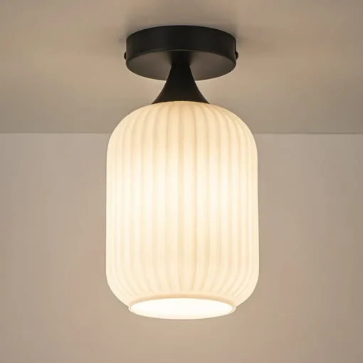 Retro plafondlamp zwart met wit glas