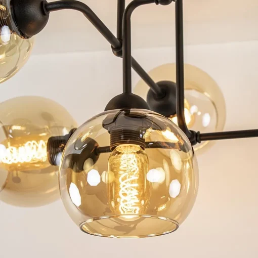 Retro plafondlamp zwart met amber glas 6-lichts