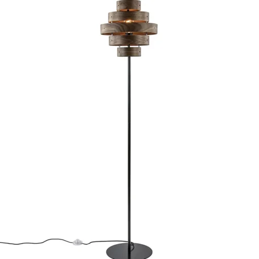 Retro vloerlamp zwart met walnoot houten kap