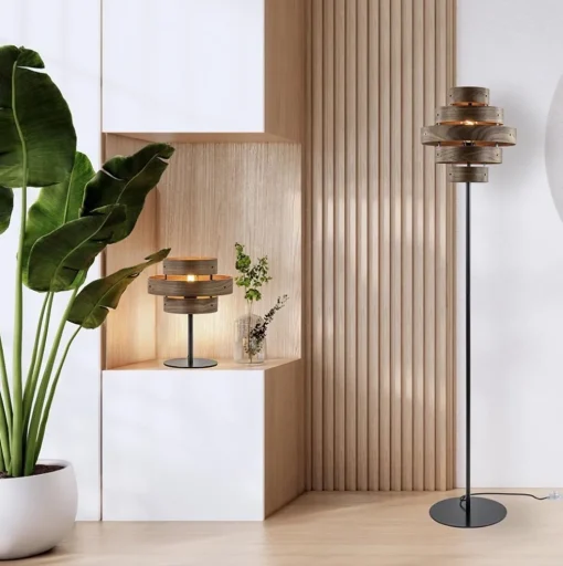 Retro vloerlamp zwart met walnoot houten kap