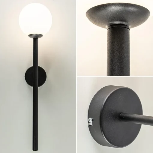Retro wandlamp zwart met witte glazen bol