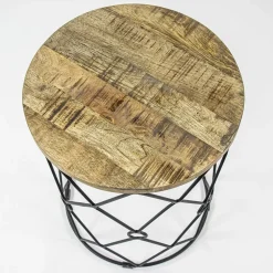 Ronde bijzettafel mangohout met zwart metaal