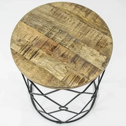 Ronde bijzettafel mangohout met zwart metaal