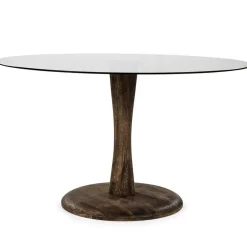 Ronde eetkamertafel bruin glas met mango houten poot