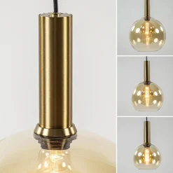 Ronde hanglamp zwart/goud met amber glas