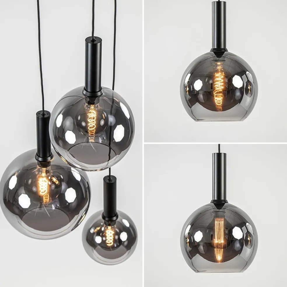 Ronde 3-lichts hanglamp met diverse smoke glazen kappen
