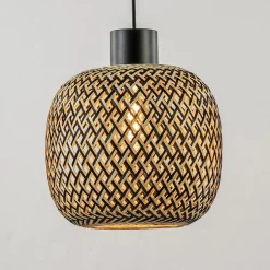 Ronde 3-lichts hanglamp zwart met bamboe kappen