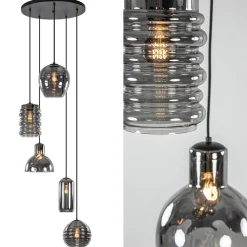 Ronde 5-lichts hanglamp zwart met diverse smoke glazen
