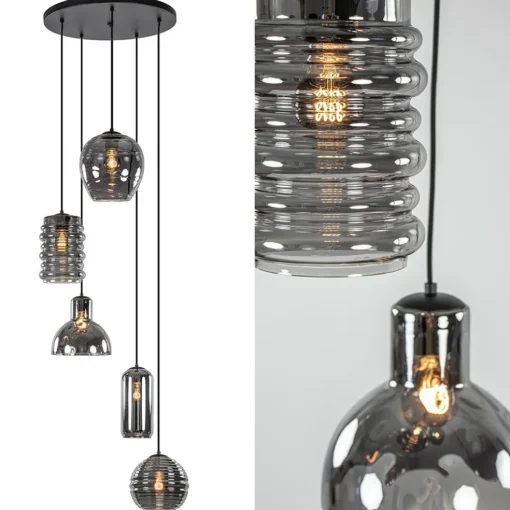 Ronde 5-lichts hanglamp zwart met diverse smoke glazen