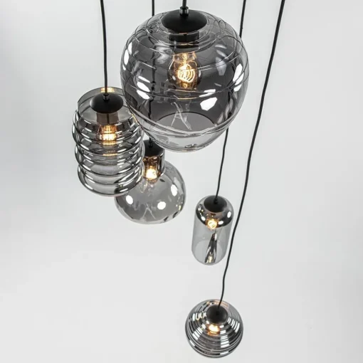 Ronde 5-lichts hanglamp zwart met diverse smoke glazen