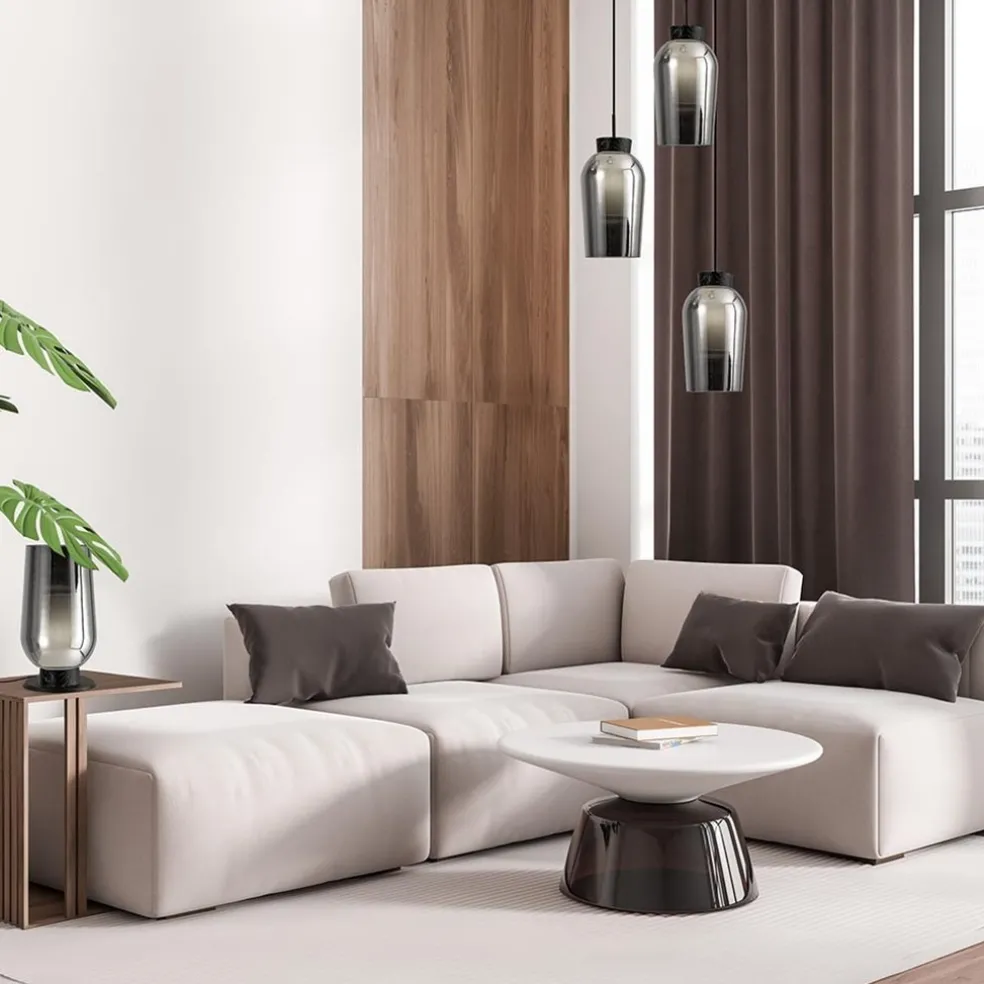 Ronde 3-lichts hanglamp zwart/marmer met smoke glas