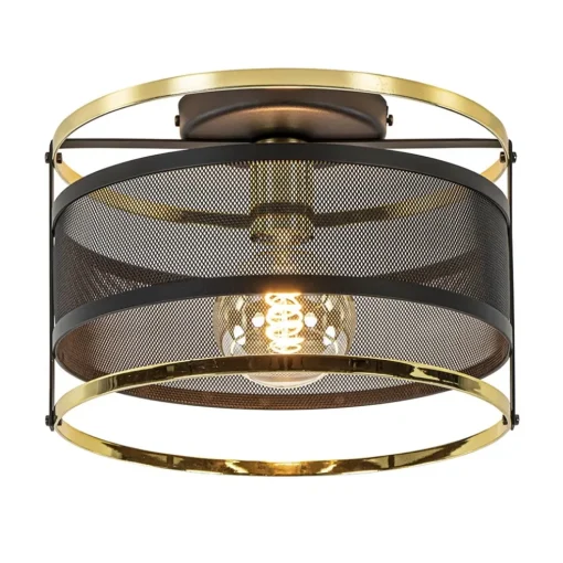 Ronde plafondlamp gaas mat zwart met hoogglans goud