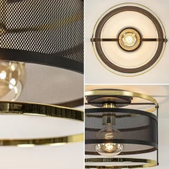 Ronde plafondlamp gaas mat zwart met hoogglans goud