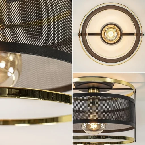 Ronde plafondlamp gaas mat zwart met hoogglans goud