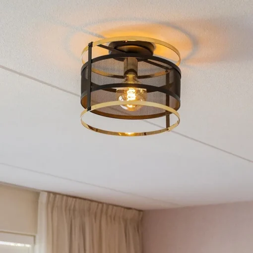 Ronde plafondlamp gaas mat zwart met hoogglans goud