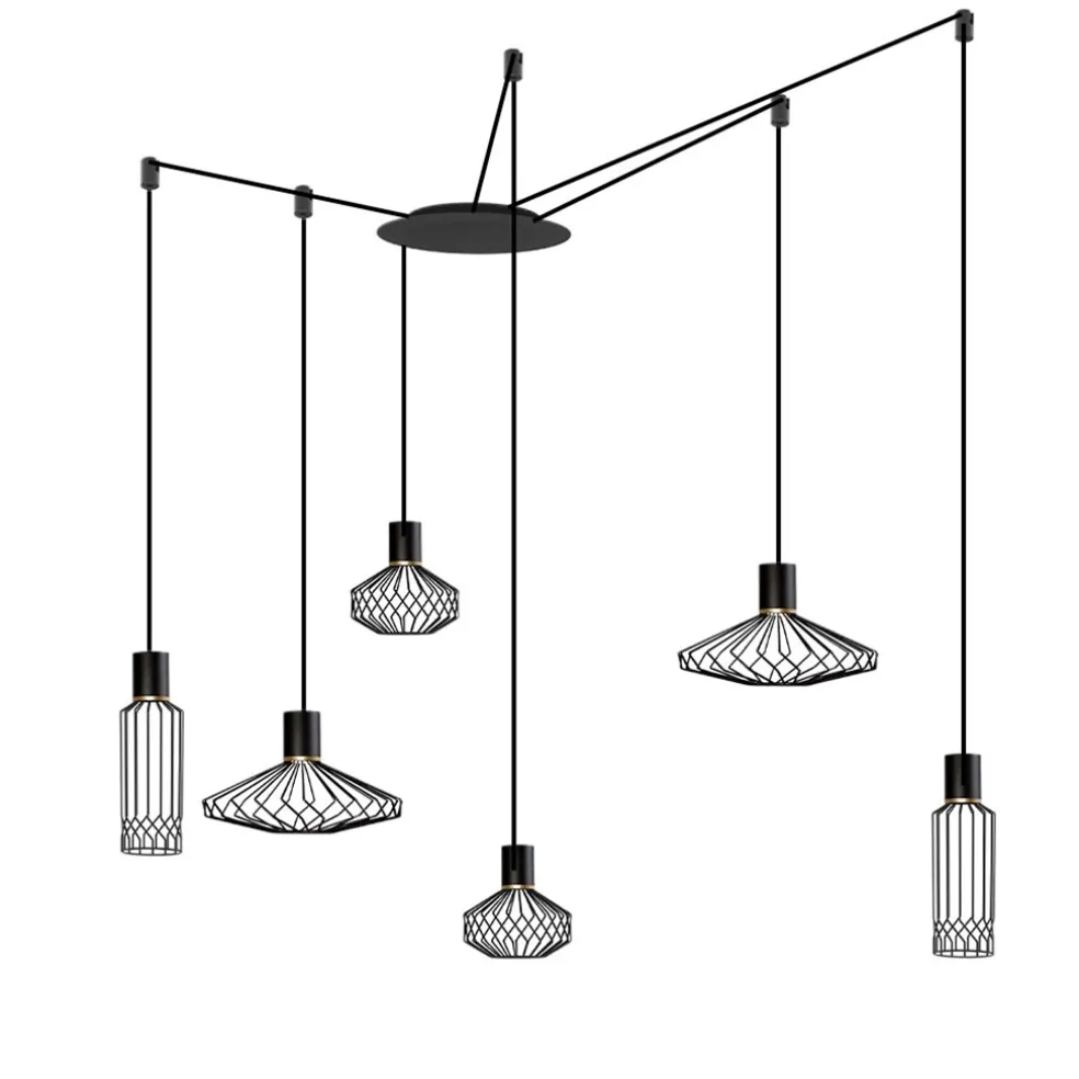 Samengestelde 6-lichts hanglamp spin met zwarte kappen