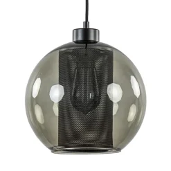 Smoke glazen hanglamp bol met zwarte gaas cilinder