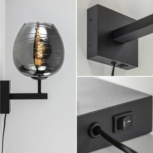 Smoke glazen wandlamp met zwart inclusief snoer