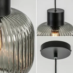 Stijlvolle hanglamp smoke glas geribbeld met zwart