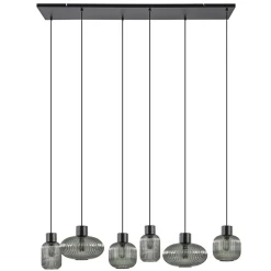 Stijlvolle 6-lichts eettafelhanglamp zwart met smoke glas