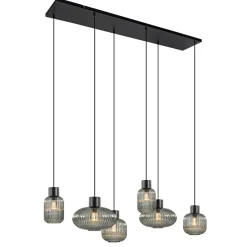 Stijlvolle 6-lichts eettafelhanglamp zwart met smoke glas