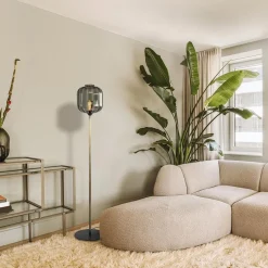 Strak klassieke vloerlamp brons met zwart en smoke glas