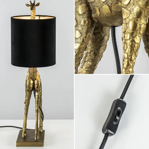 Tafellamp Giraffe groot antiek brons met velvet zwarte kap