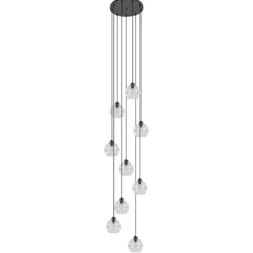 Videlamp / multipendel 9L zwart helder bolglas