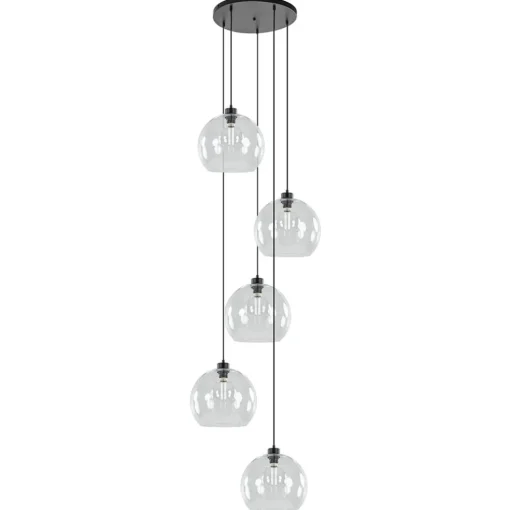 Videlamp / multipendel zwart met 5 helder glazen bollen