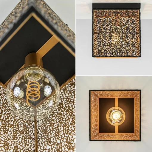Vierkante plafondlamp zwart met gouden binnenzijde