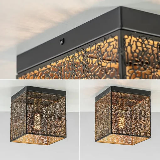 Vierkante plafondlamp zwart met gouden binnenzijde