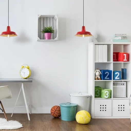 Vintage hanglamp rood met wit en zwart snoer