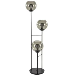Vloerlamp 3-L zwart met bolglas smoke