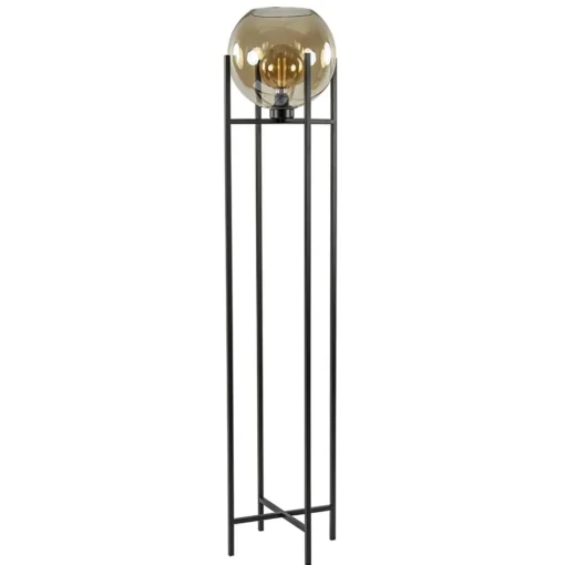 Vloerlamp zwart + amber glazen bol