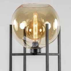 Vloerlamp zwart + amber glazen bol