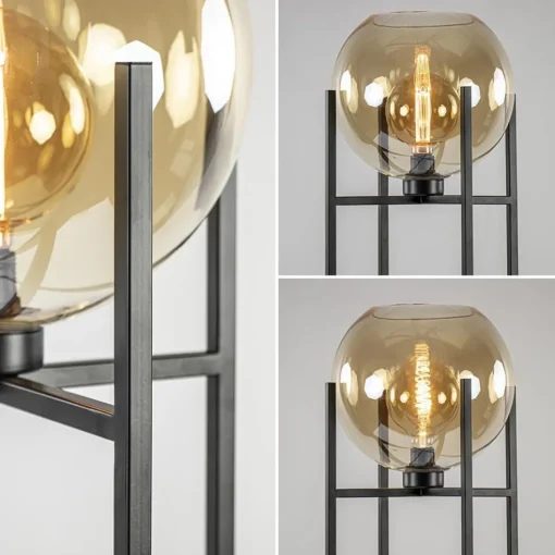 Vloerlamp zwart + amber glazen bol