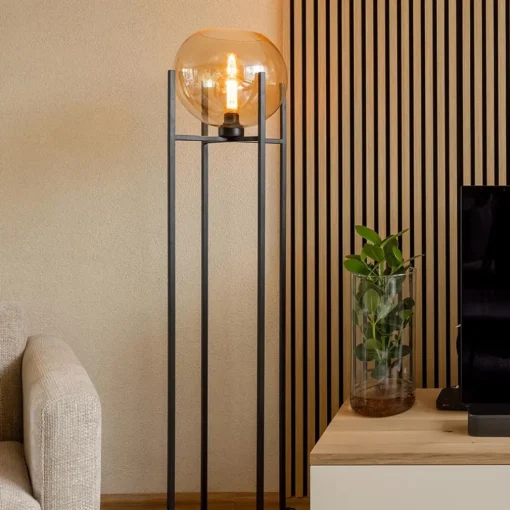 Vloerlamp zwart + amber glazen bol